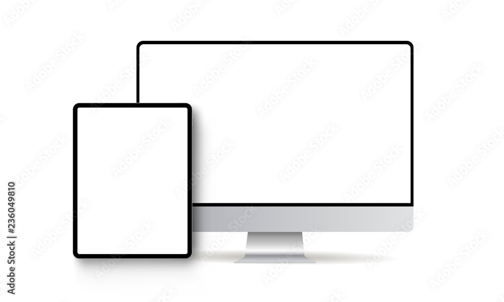 Tablet computer and monitor with blank screens isolated on white background. Modern devices mockups for showcase your website designs. Vector illustration Tablet computer and monitor with blank screens isolated on white background. Modern devices mockups for showcase your website designs. Vector illustration