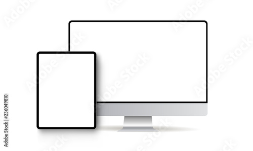 Tablet computer and monitor with blank screens isolated on white background. Modern devices mockups for showcase your website designs. Vector illustration