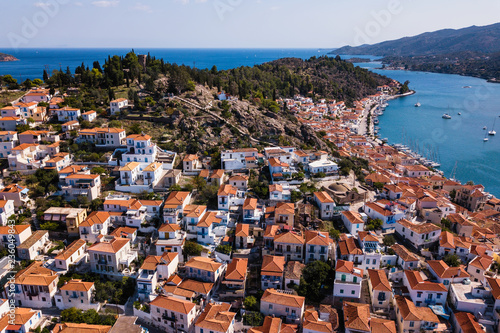 Top view of Poros island and Sea marina in Aegean sea, Greece.