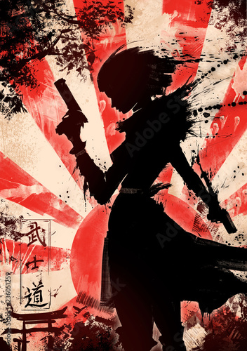 Wallpaper Mural Girl with two guns the characters mean "the way of the warrior" in Japanese Torontodigital.ca