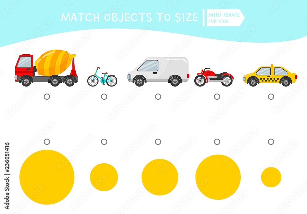 Matching children educational game. Match object to size. Activity for pre shool years kids and toddlers. Cartoon transport. Matching children educational game. Match object to size. Activity for pre shool years kids and toddlers. Cartoon transport.