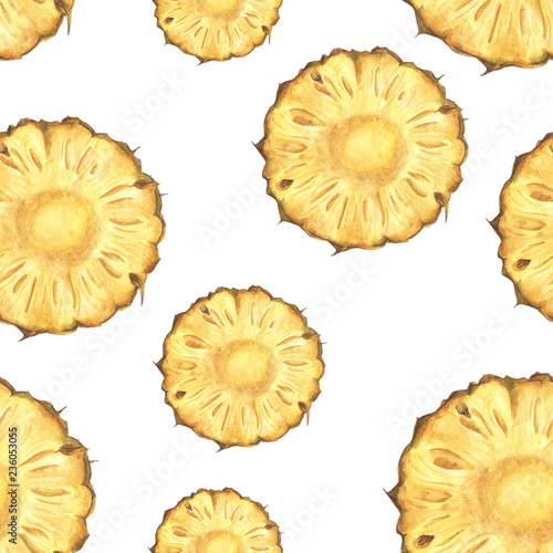 Seamless pattern with pineapple slices on white background. Hand drawn watercolor.