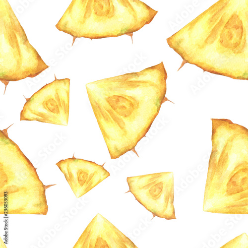 Seamless pattern with pineapple slices on white background. Hand drawn watercolor.