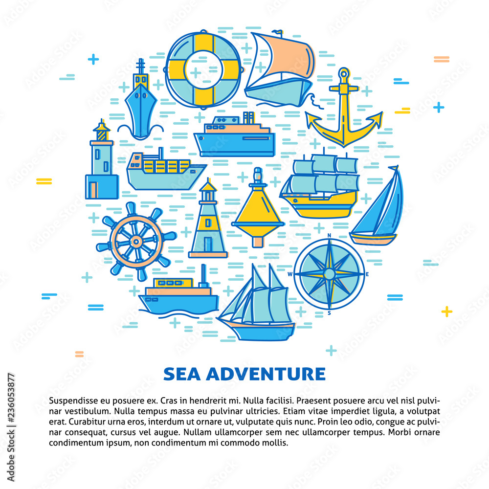 Sea adventure round concept banner with ship icons in line style