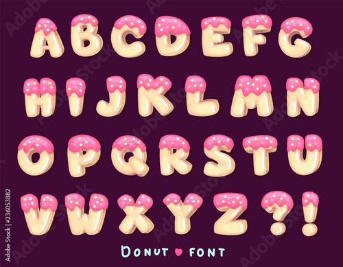 Font "Donut". Cartoon vector illustration type set. Sweet letters alphabet pink icing-sugar