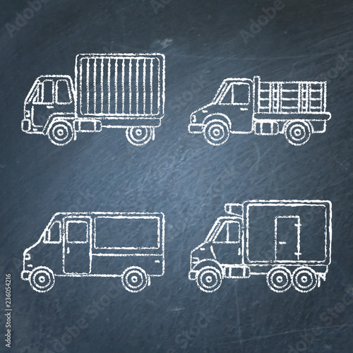 Set of truck icons sketches on chalkboard photo