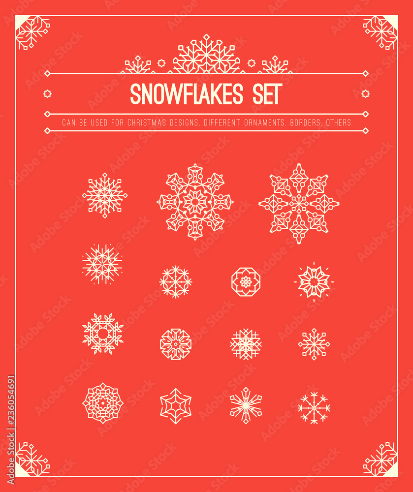 Vintage vector decoration and Snowflakes icon set. Paper ornaments, decorations, design elements. Flourish patterns. Retro design elements for invitations, posters, badges, logotypes and other designs