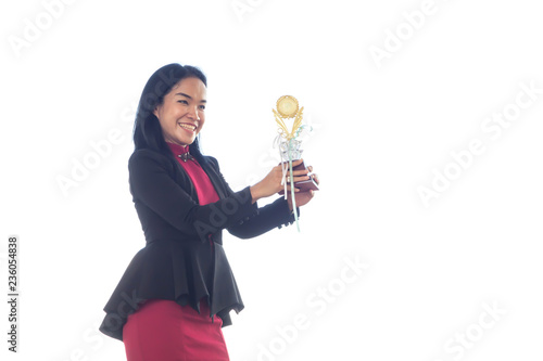 Businesswoman holding award trophy for show their victory