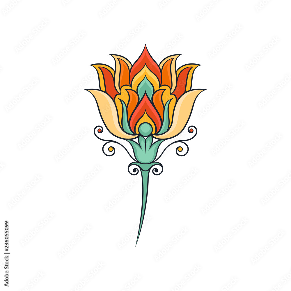 Oriental floral pattern. Colorful indian ornament. Abstract linear flower.  Ornamental plant. Vector design Stock Vector | Adobe Stock