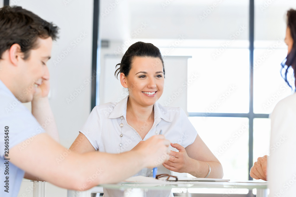 Image of business partners discussing documents and ideas Image of business partners discussing documents and ideas