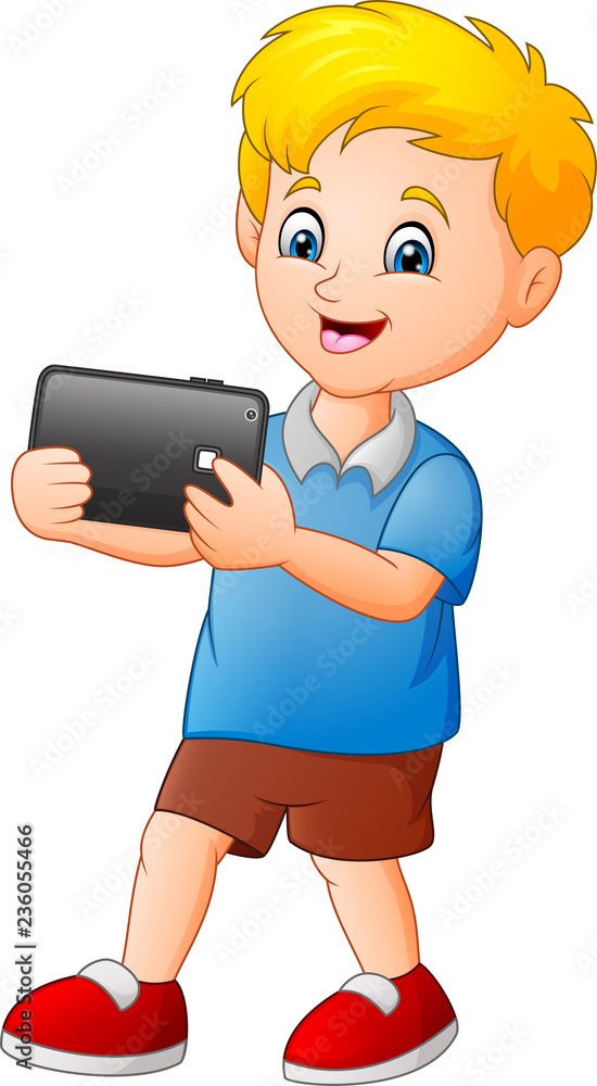 Cartoon little boy playing a tablet Cartoon little boy playing a tablet