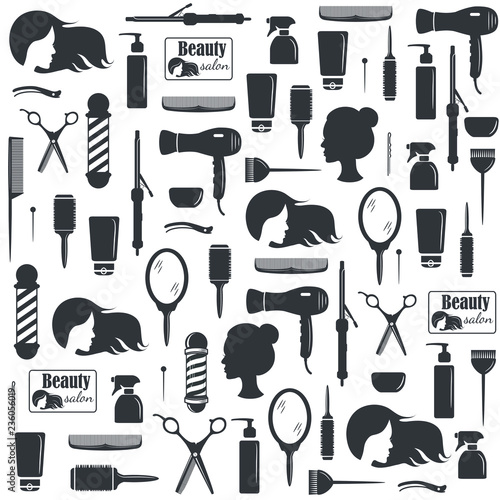 Hairdressers tools seamless pattern. Barber shop tools set. Flat icons for hairdressing saloon. Vector illustration
