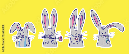 Set of cute rabbits with different emotions. 4 stickers perfect for kid's card, banners, stickers and other. Cry, love, laughing and drunk. Isolated vector illustration.