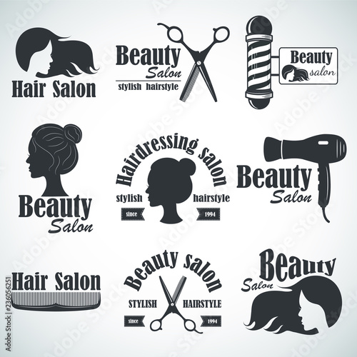 Set of vector emblem, label, badge, logos for hairdresser's salon, hair, beauty salon. 
