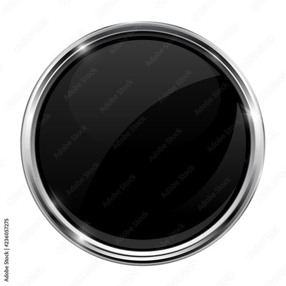Black glass button. Round 3d shiny icon with metal frame Black glass button. Round 3d shiny icon with metal frame