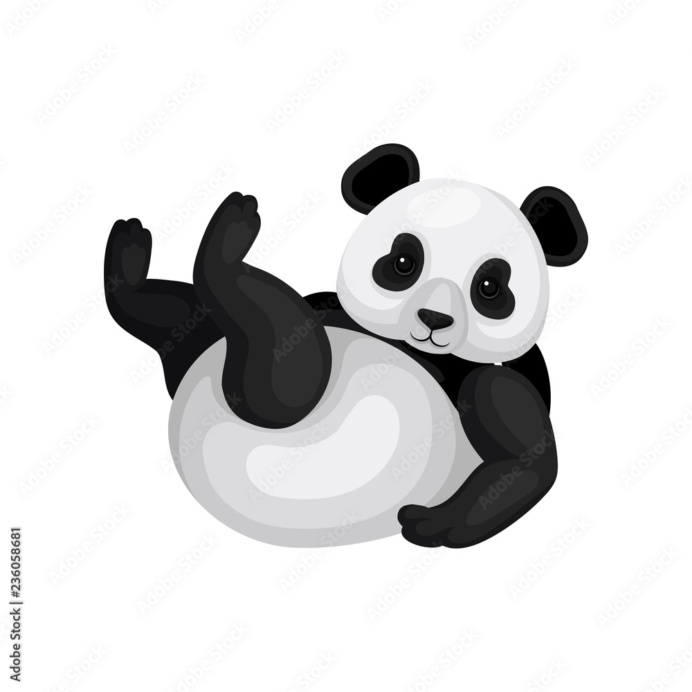 Fototapeta premium Lovely panda lying on his back with paws up. Black and white bamboo bear with shiny eyes. Flat vector icon