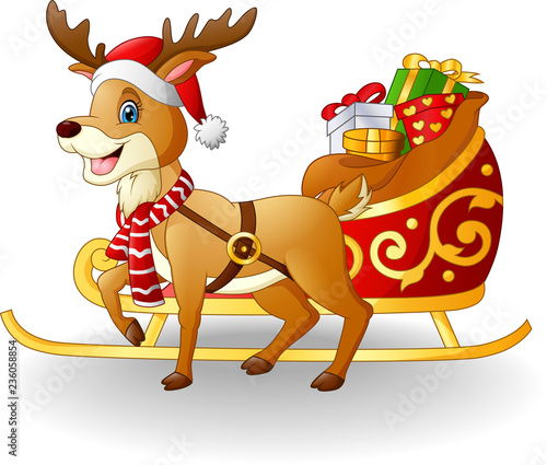 Cartoon reindeer with christmas sled sleigh and presents