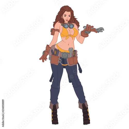 Sexy lady mechanic with the tools on her belt and the wrench in her hand