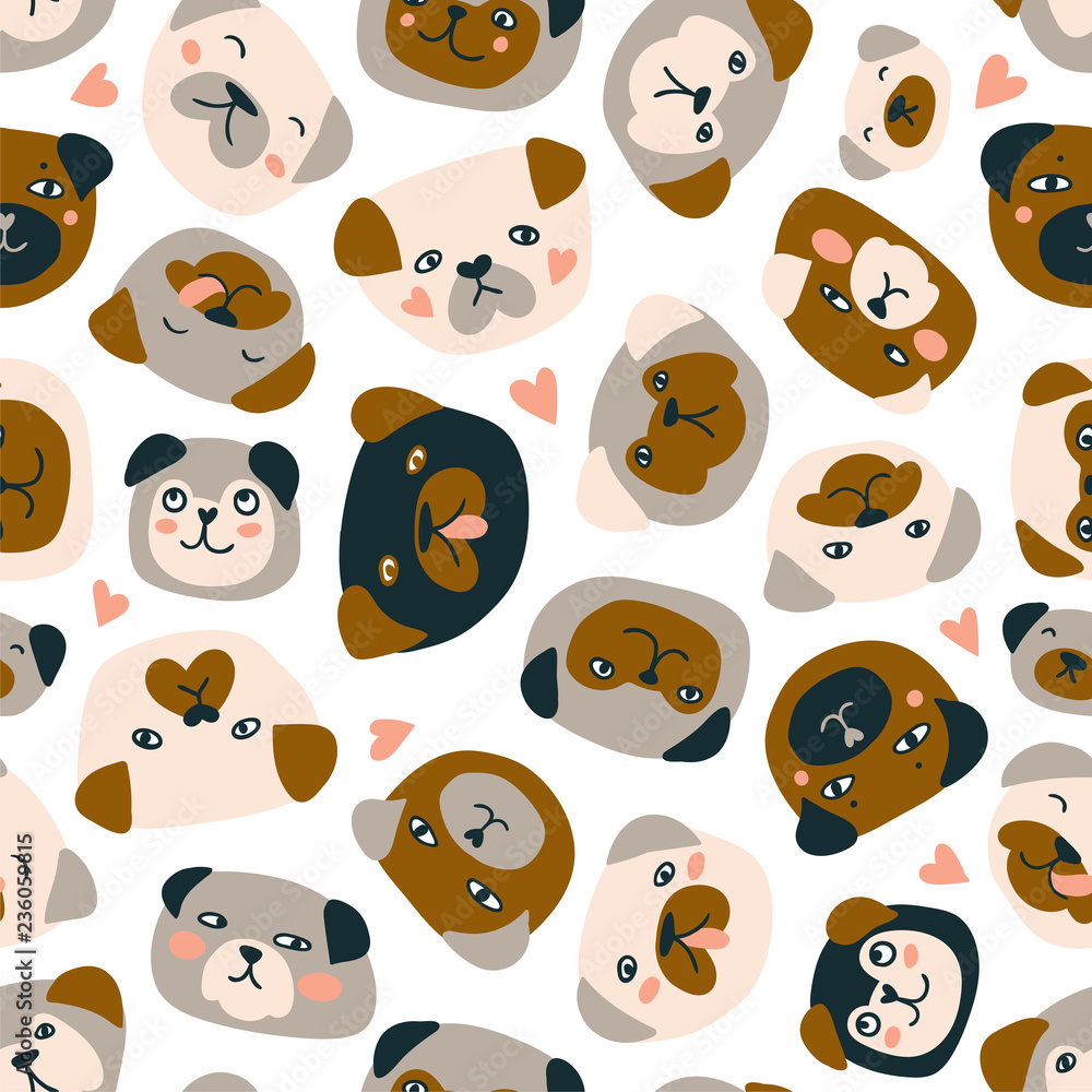 Fototapeta premium Cute vector seamless pattern with heads of dogs isolated on the white background. Funny pugs fabric design.