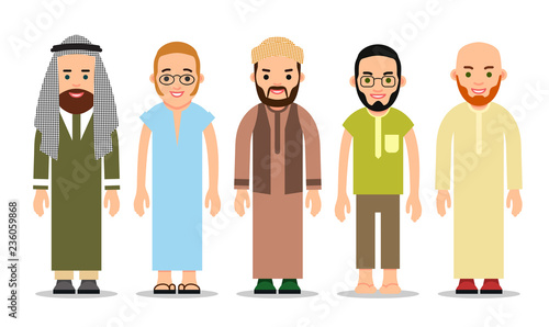Muslim man. Set Muslim or Arab man stand in the traditional clothing. Isolated characters of representatives of Islam on a white background in a flat style