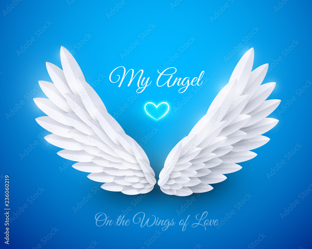Vettoriale Stock Vector 3d white realistic layered paper cut wings on blue  background. My angel - Happy Valentines day greeting card. On the wings of  love concept | Adobe Stock
