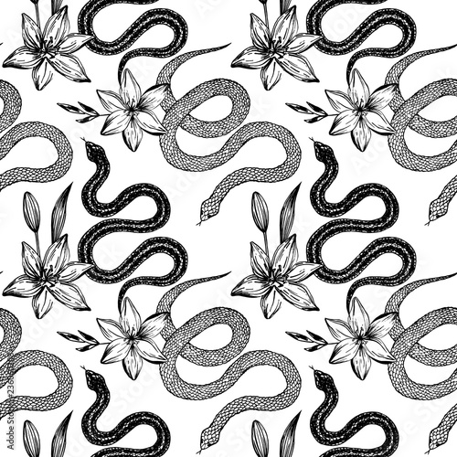 Seamless pattern. Hand drawn ink snake and lilies flowers, vector illustration. Snake silhouette illustration. Graphic sketch for print, patterns, clothes, fashion design, background, decor, textile.