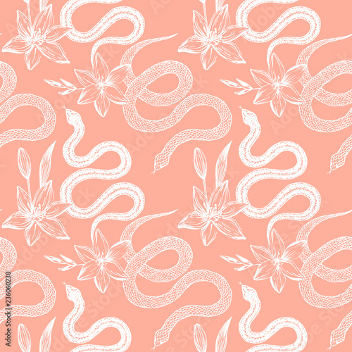 Seamless pattern. Hand drawn ink snake and lilies flowers, vector illustration. Snake silhouette illustration. Graphic sketch for print, patterns, clothes, fashion design, background, decor, textile.