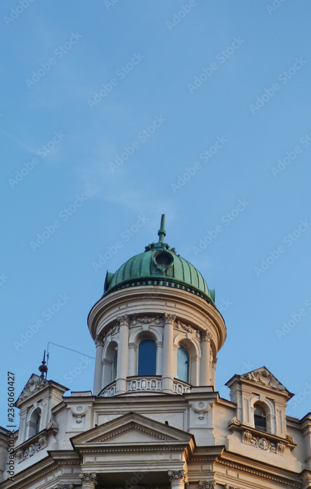 Pediment of a building typical of Prague, Czech Republic