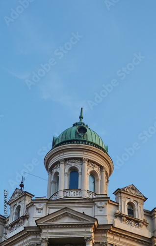 Pediment of a building typical of Prague, Czech Republic