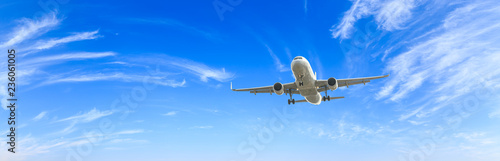 Airplane flying in the blue sky,panoramic view