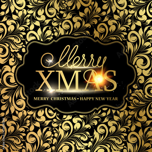 Happy new year card with floral style pattern on black background and sign merry xmas at the center. The card containes holiday template text. Vector illustration. photo