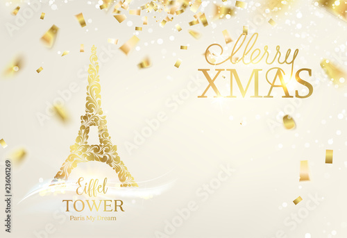 Eiffel tower silhouette with Golden confetti falls over gray background and sign Merry Xmas. Vector illustration.