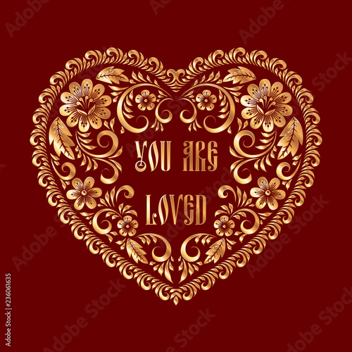 Heart-shaped frame in russian traditional style khokhloma painting. Design element for Valentines Day card