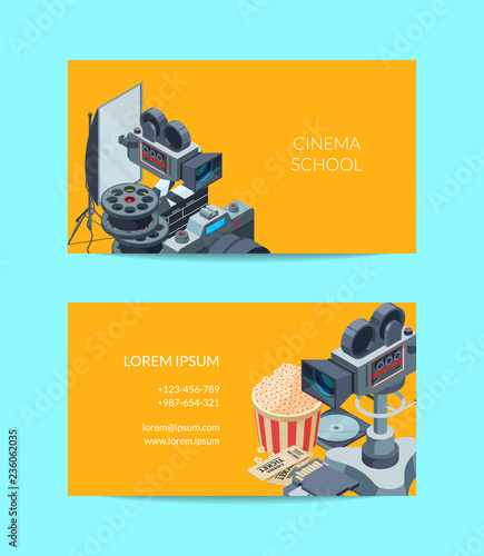 Vector colored cinematograph isometric of elements business card template illustration