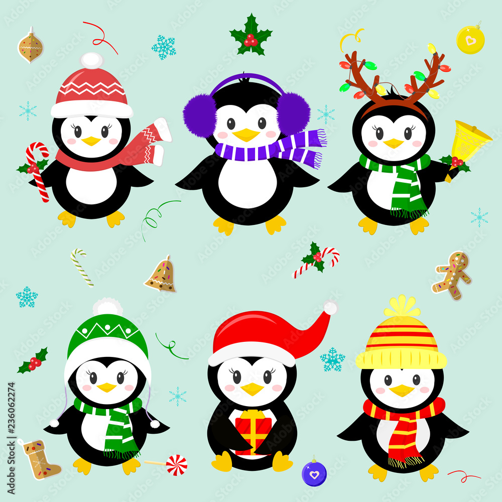 Set of six lucky Christmas penguin character in different hats and accessories. Celebrates New Year and Christmas. Cartoon style, vector Set of six lucky Christmas penguin character in different hats and accessories. Celebrates New Year and Christmas. Cartoon style, vector