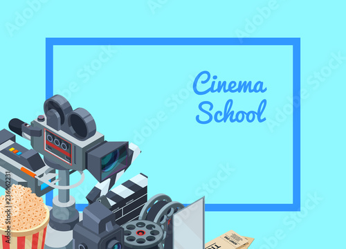 Vector cinematograph isometric elements background illustration. Banner and poster with text