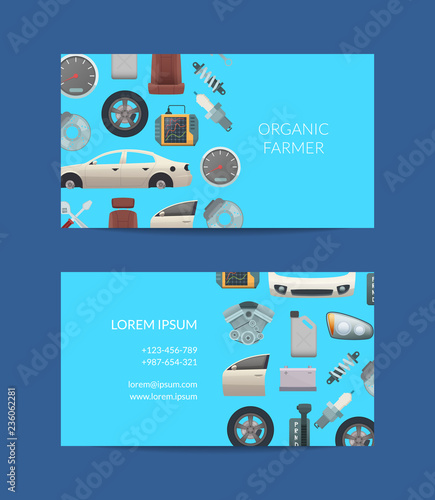 Vector car parts business card template illustration. Car service poster