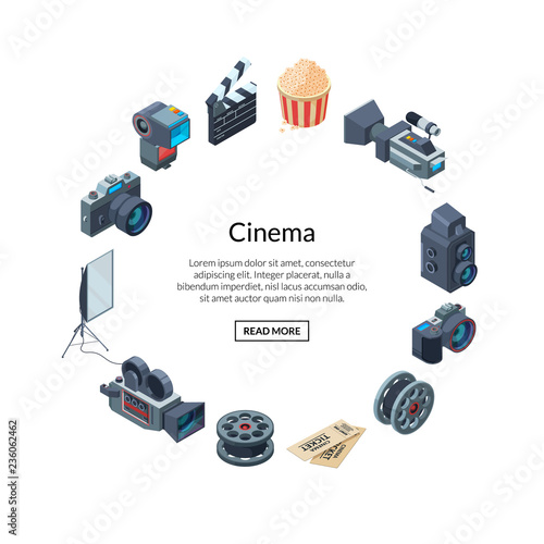 Vector cinematograph isometric elements in circle shape with place for text illustration
