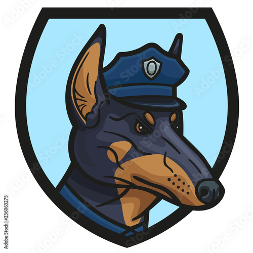 The logo depicting the head of a Doberman COP.