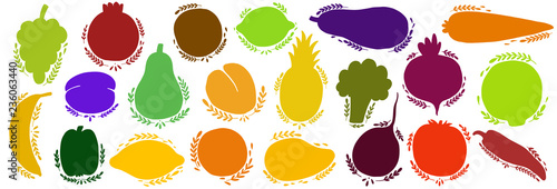 Fruit and vegetables set silhouettes with lettering. Isolated objects on white background. Fruit and vegetables logo or element for design.
