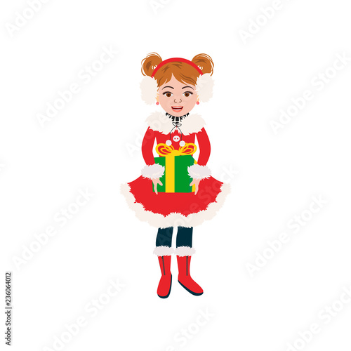 Cute little girl in winter coat with present. Vector illustration in cartoon style can use for Christmas greeting card, invitation, T-shirt, interior design