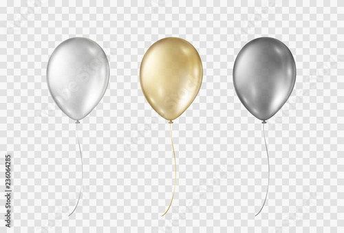 Balloons isolated on transparent background.  Vector realistic gold, silver, black festive 3d helium ballons mockup for anniversary, birthday party design.