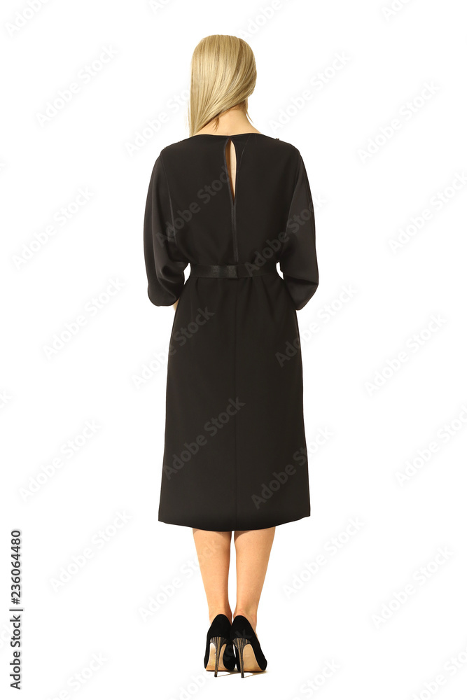 blond business woman executive posing in formal sleeveless blue dress