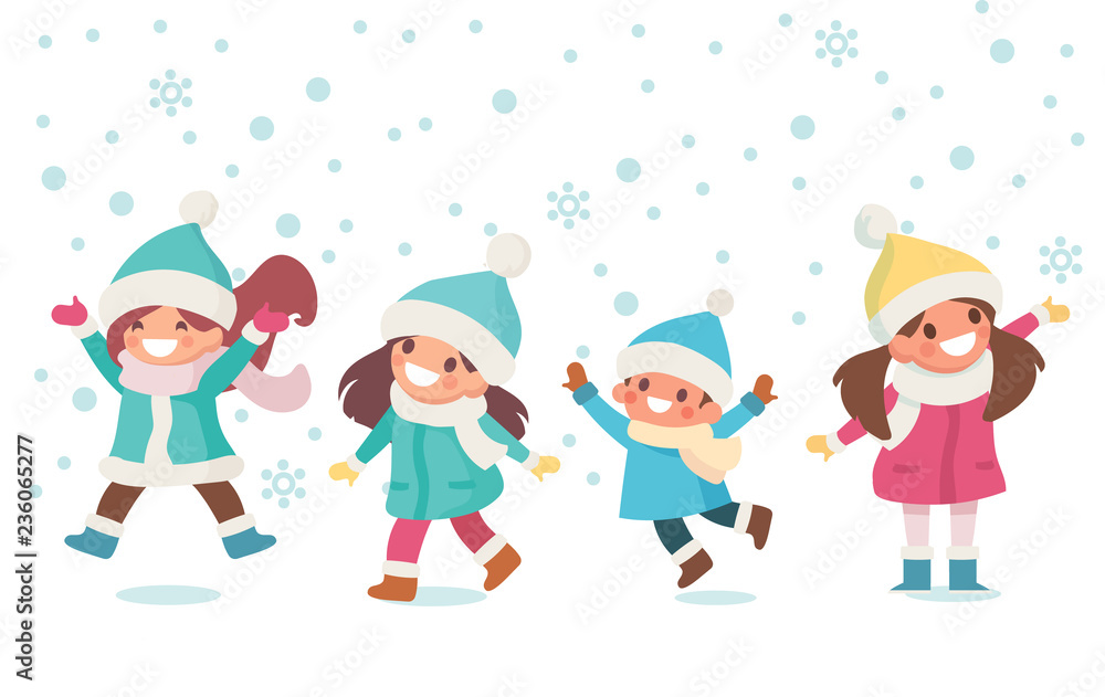 Children outdoors. Winter time, snowy weather. Kid in warm clothes. Flat vector illustration, cartoon style. Stock Vector | Adobe Stock Children outdoors. Winter time, snowy weather. Kid in warm clothes. Flat vector illustration, cartoon style. Stock Vector | Adobe Stock