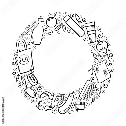 Round frame with hand drawn Zero Waste objects. The object is separate from the background. Vector template for banners, invitations and your design.