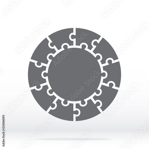 Simple icon circle puzzle in gray. Simple icon circle puzzle of the ten elements and center on gray background. Flat design. Vector illustration EPS10.