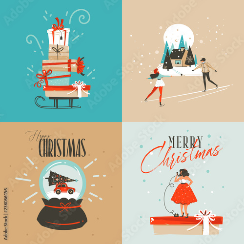 Hand drawn vector abstract fun Merry Christmas and Happy New Year time cartoon illustration greeting card with xmas surprise gift boxes,girl and Merry Christmas text isolated on colored background