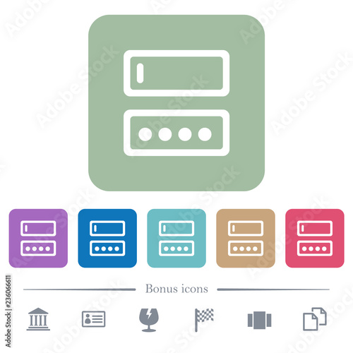 Entering login name and password flat icons on color rounded square backgrounds