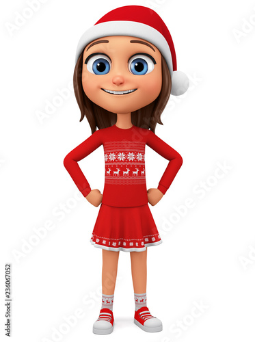 Character cartoon girl in Christmas clothes on a white background. 3d rendering. Illustration for advertis