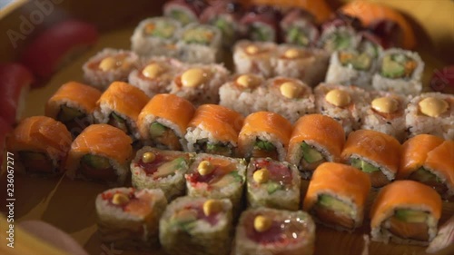Sushi plate with nigiri,maki,sushi and sashimi. photo